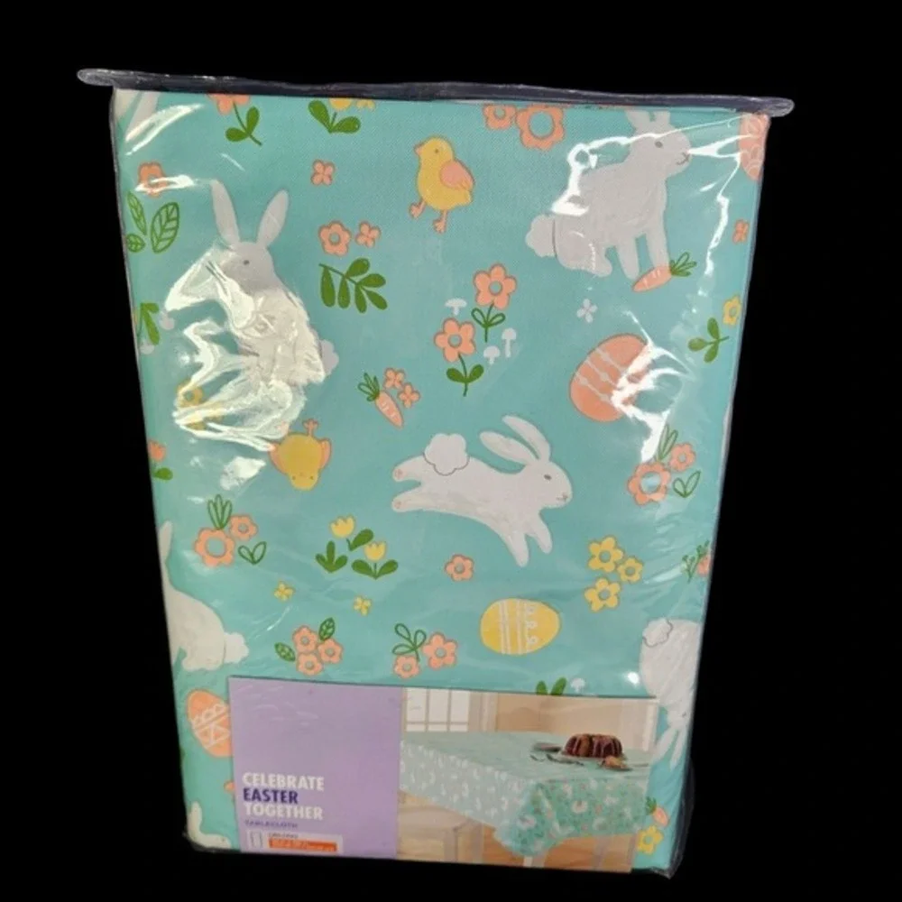 Easter Oblong Tablecloth 60 x 102 Floral Bunny Eggs Chicks‎ Vinyl Holiday New